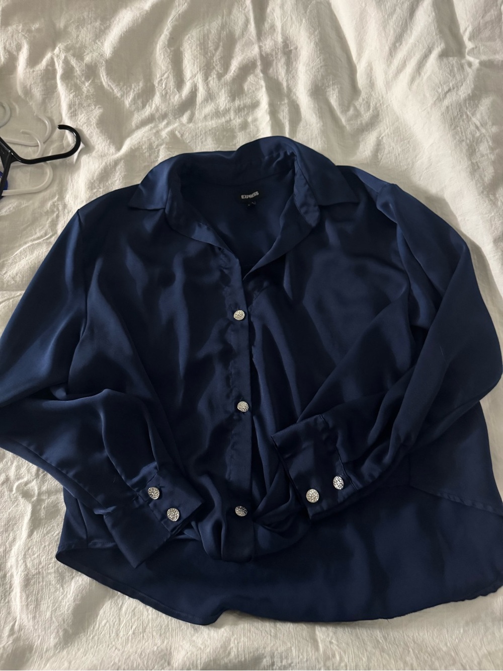 Express Navy Satin Button-Front Blouse